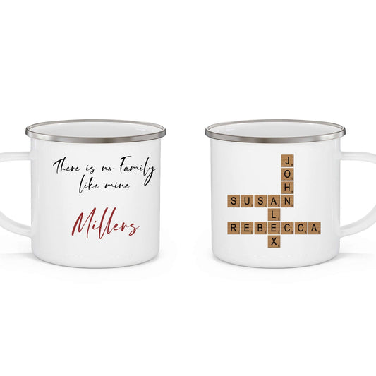 Custom Family Mug – Personalized Crossword Enamel Cup for Gifting featuring names and a heartfelt message.