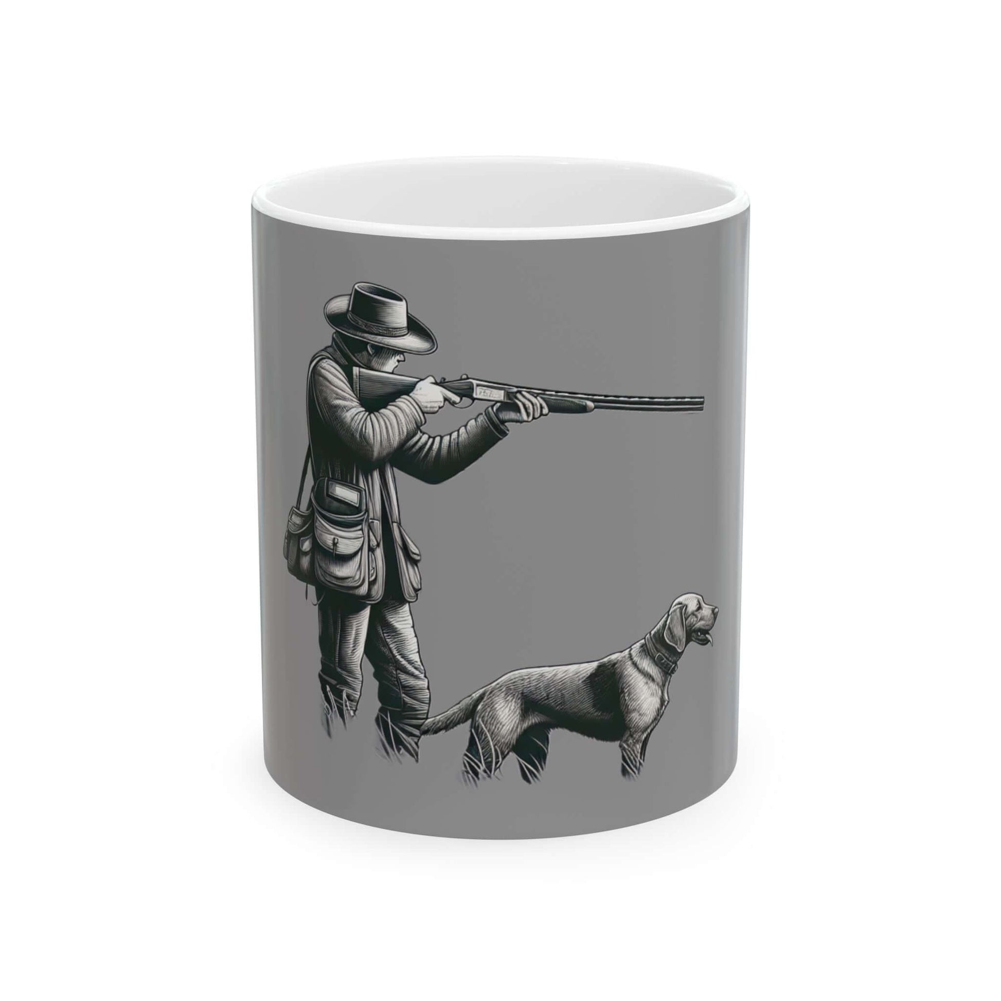 Personalized hunting mug featuring a hunter with a dog on a gray background, ideal for outdoor enthusiasts.