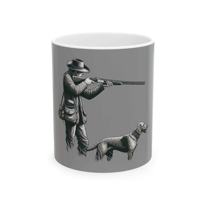 Personalized hunting mug featuring a hunter with a dog on a gray background, ideal for outdoor enthusiasts.