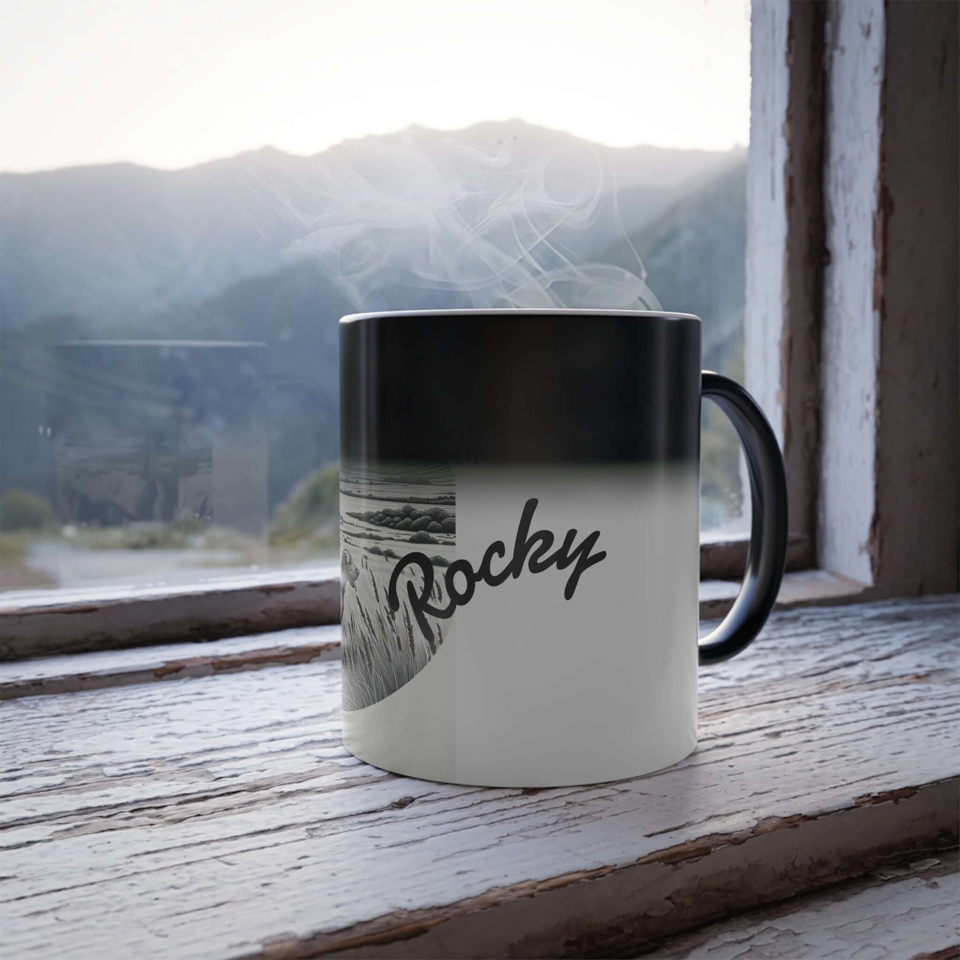 Personalized vintage heat-reactive coffee mug with 'Rocky' design, placed on a rustic window sill with mountains view.