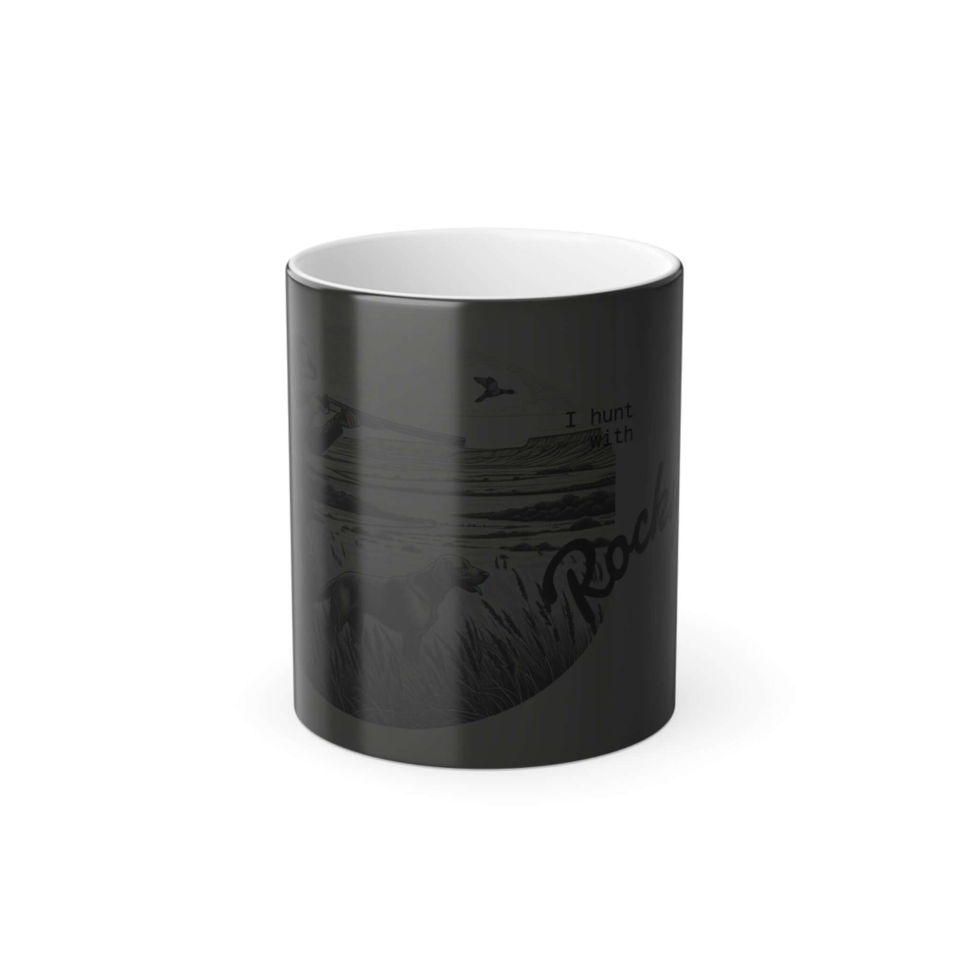 Personalized vintage heat-sensitive coffee mug with outdoor design and hunting theme.