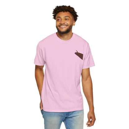 Smiling man wearing a personalized pink Surf's Up t-shirt with a brown surfboard design.