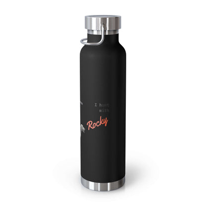 Personalized black vacuum insulated bottle with "I hunt with Rocky" text, perfect for outdoor adventures.