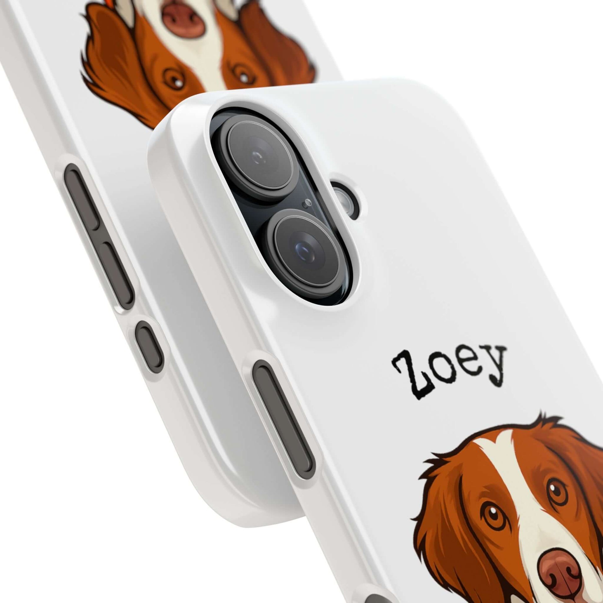 Personalized cartoon dog phone case featuring a brown and white dog illustration with the name Zoey.