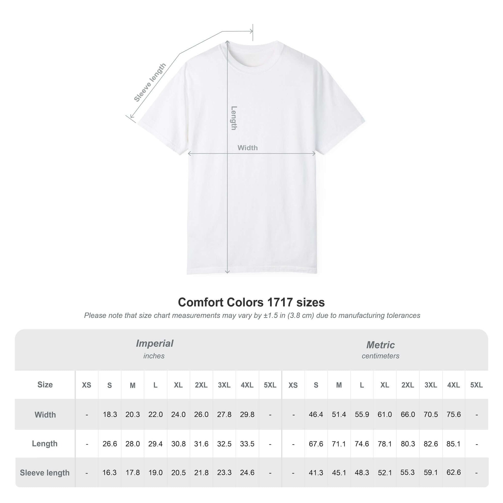 Size chart for Comfort Colors 1717 t-shirts with measurements in inches and centimeters.