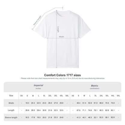 Size chart for Comfort Colors 1717 t-shirts with measurements in inches and centimeters.