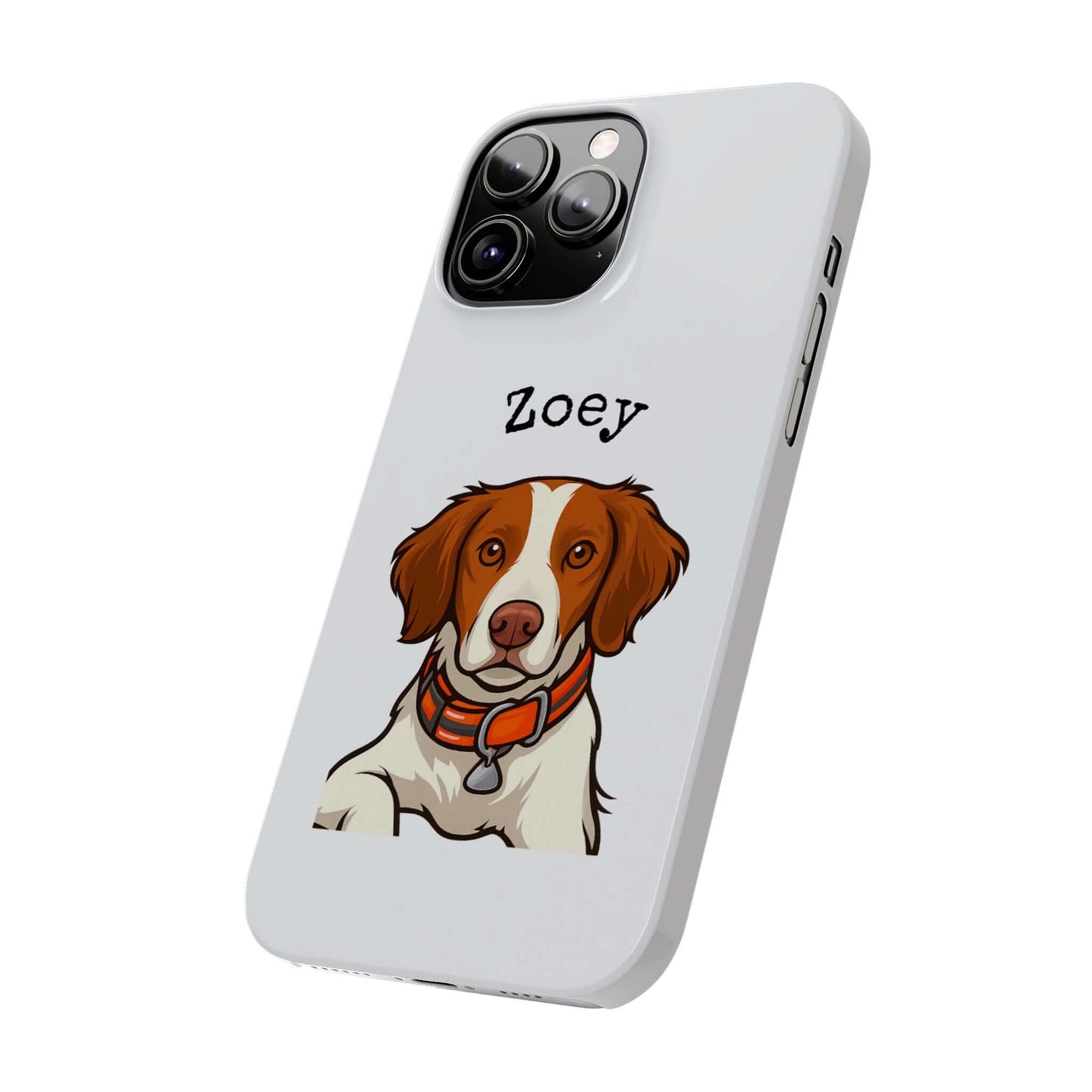 Custom cartoon phone case featuring a dog illustration named Zoey, perfect for dog lovers.