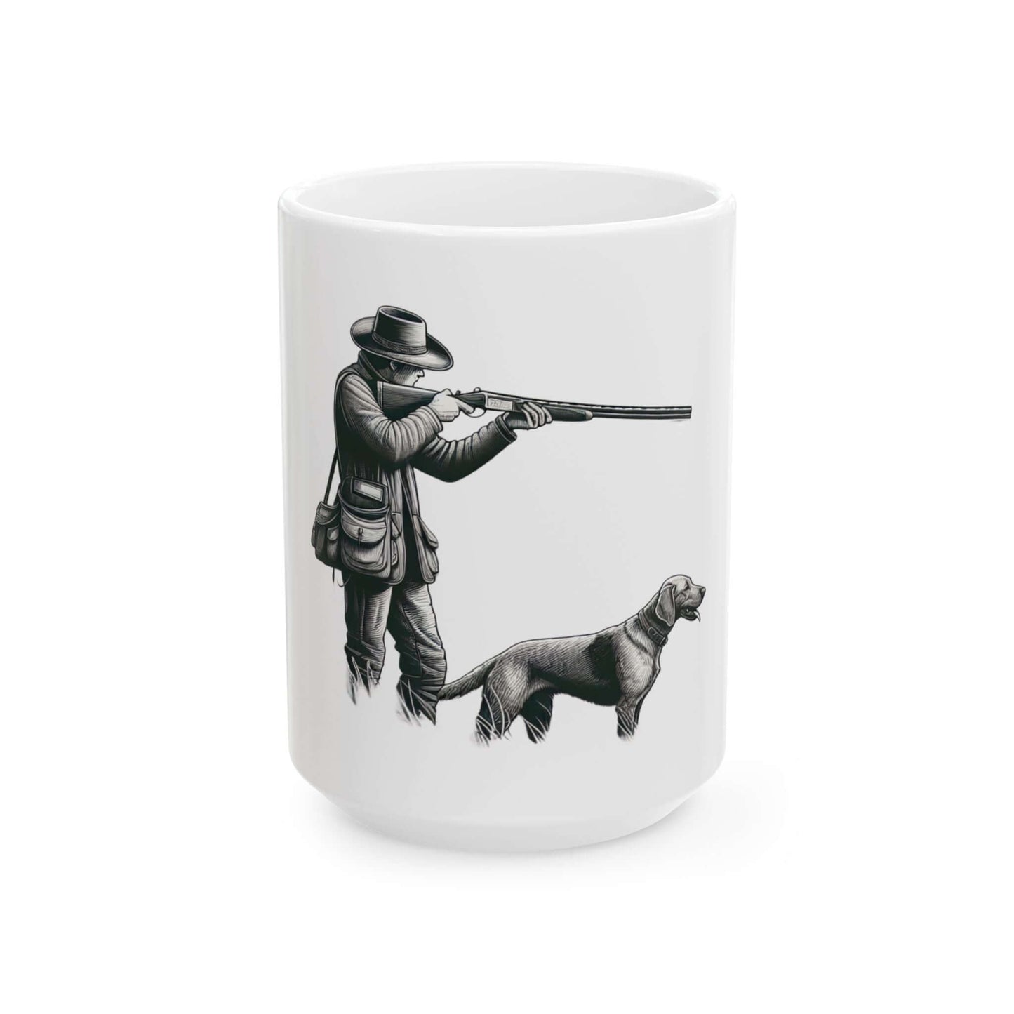 Personalized white hunting mug featuring a hunter with a dog, perfect for outdoor enthusiasts and coffee lovers.
