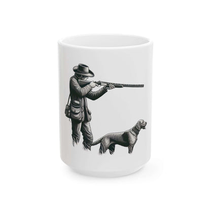Personalized white hunting mug featuring a hunter with a dog, perfect for outdoor enthusiasts and coffee lovers.