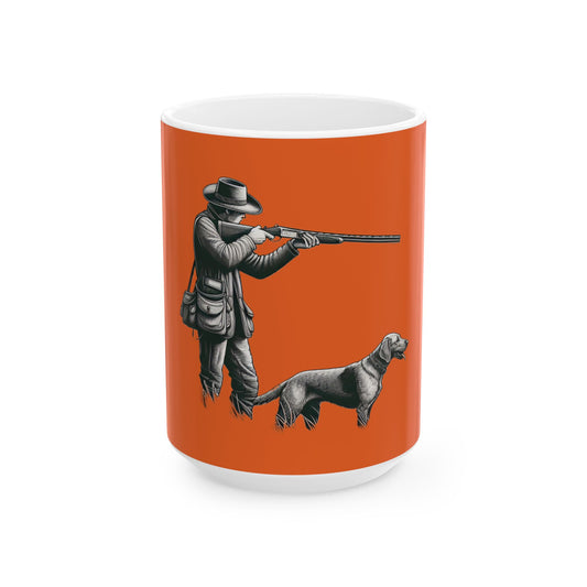 Personalized orange hunting mug featuring a hunter with a dog, perfect for outdoor enthusiasts.