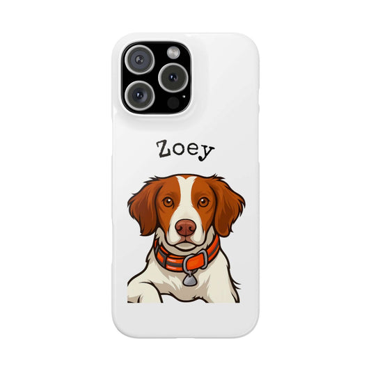 Custom cartoon phone case featuring a dog named Zoey with a colorful collar