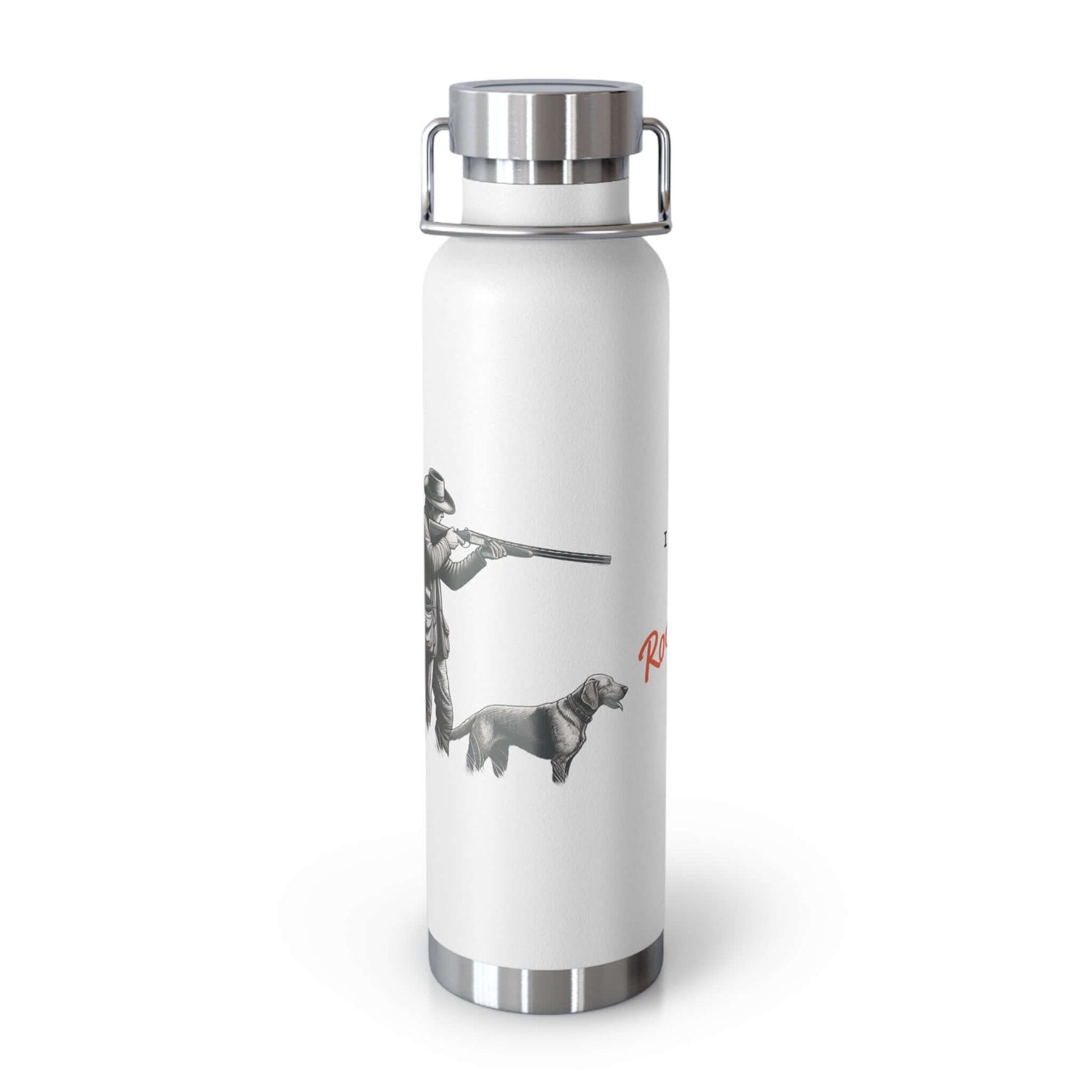 Personalized copper insulated bottle featuring a hunter and dog design, perfect for outdoor adventures.