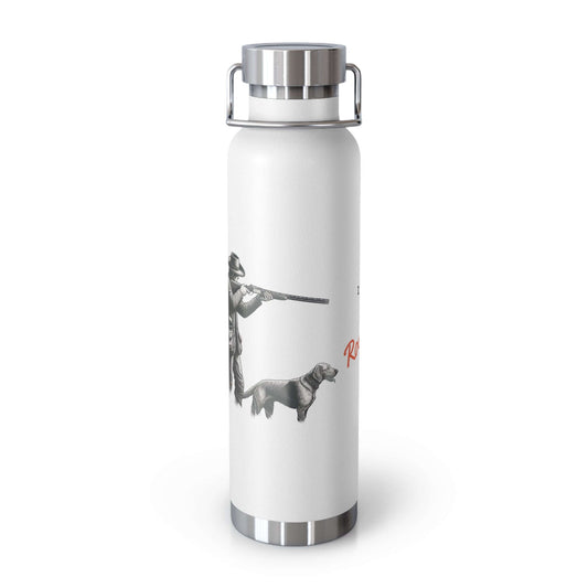 Personalized copper insulated bottle featuring a hunter and dog design, perfect for outdoor adventures.