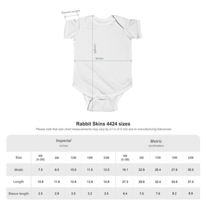 Size chart for Rabbit Skins 4424 customizable infant bodysuit, showing dimensions in inches and centimeters.