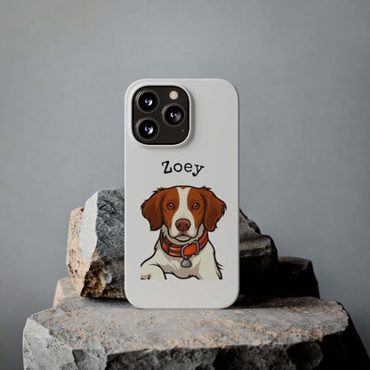 Custom dog phone case featuring cartoon illustration of a dog named Zoey on a stylish white background.