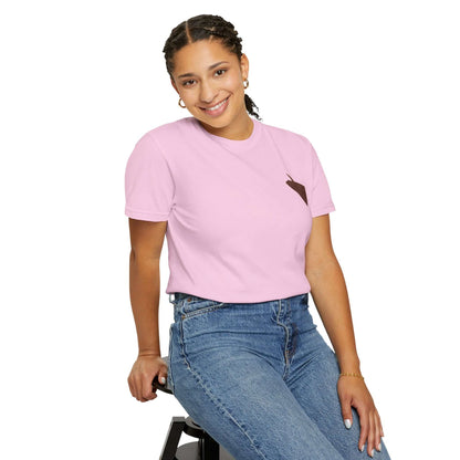 Smiling woman in pink personalized t-shirt, showcasing surf-inspired design, perfect for summer vibes.
