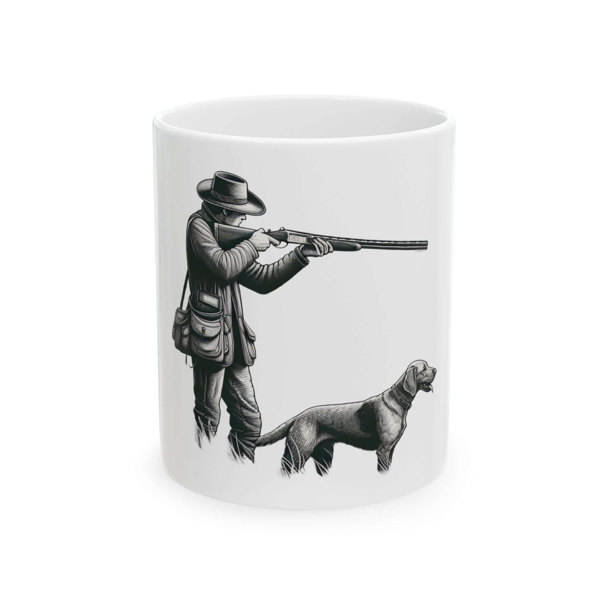 Personalized white hunting mug featuring a hunter with a rifle and a dog, perfect for outdoor coffee lovers.