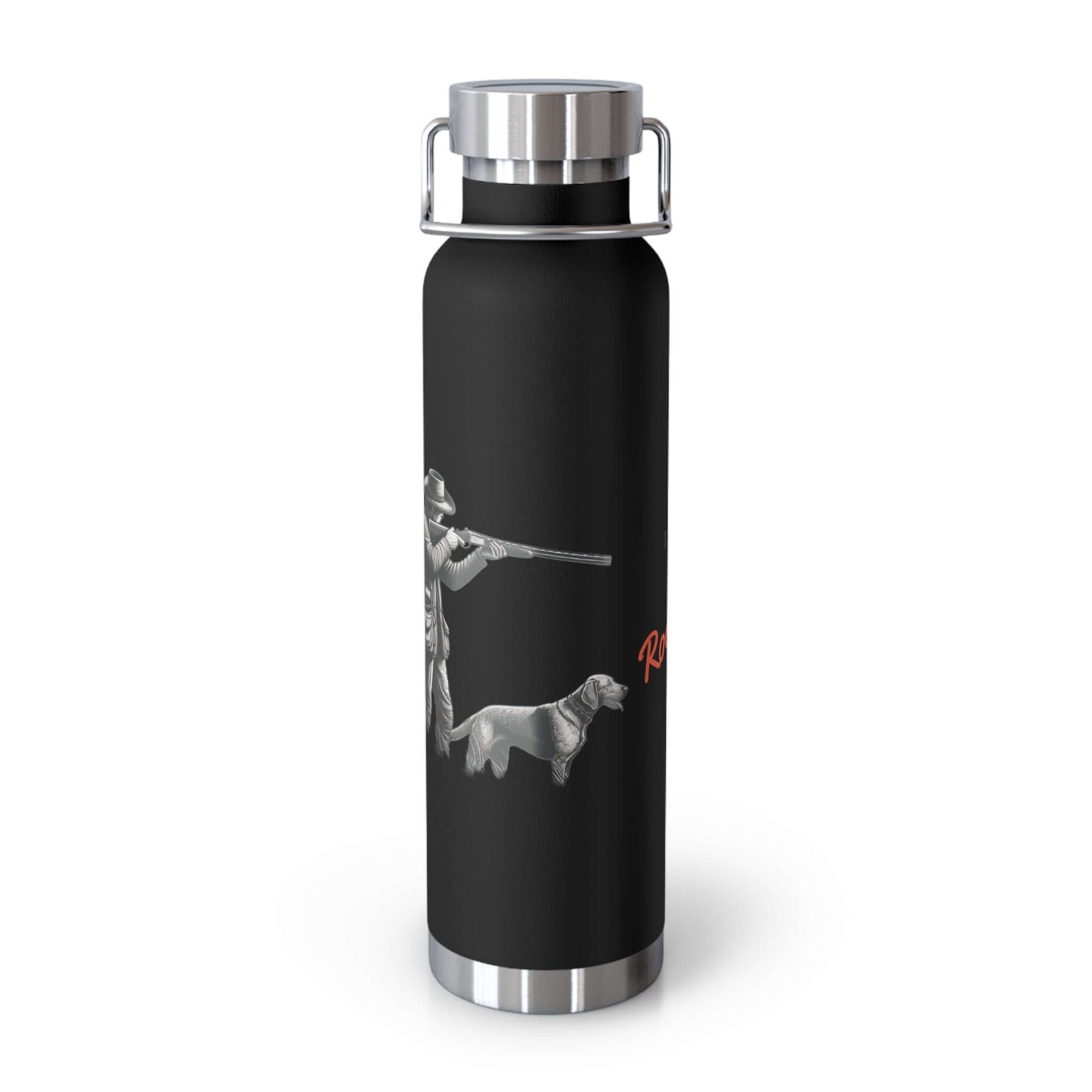 Personalized copper vacuum insulated bottle featuring a hunter and dog design, ideal for outdoor adventures.