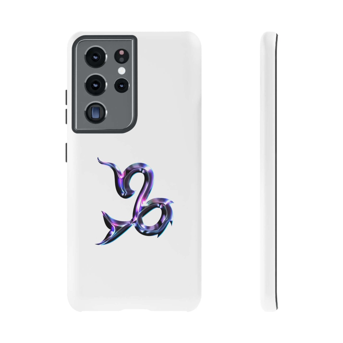Stylish Zodiac phone case featuring a vibrant, glossy Capricorn design on a sleek white background.
