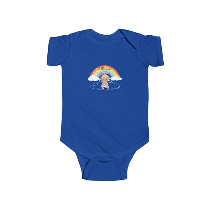 Customizable blue infant bodysuit with cute rainbow and cloud design for newborns, perfect for gifting.