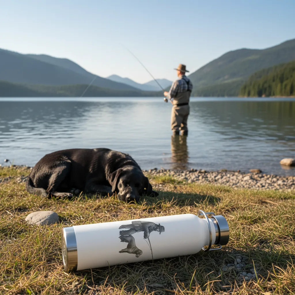 Man fishing by a lake with a dog lying on the grass and a rugged thermos with a dog design in the foreground.