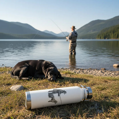 Man fishing by a lake with a dog lying on the grass and a rugged thermos with a dog design in the foreground.