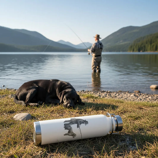 Man fishing by a lake with a dog lying on the grass and a rugged thermos with a dog design in the foreground.