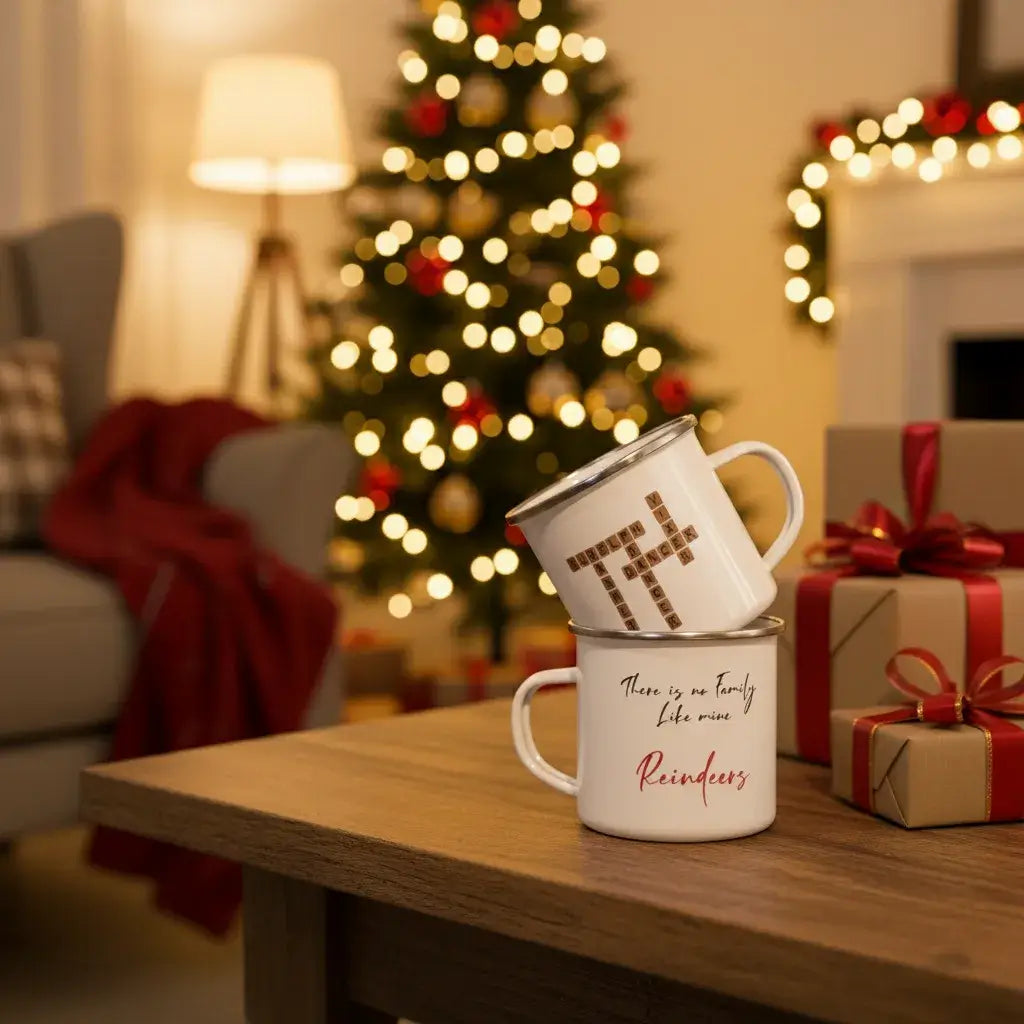 Custom Family Mug – Personalized Crossword Enamel Cup for Gifting with holiday decorations.