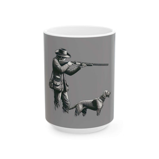 Personalized gray hunting mug featuring hunter with rifle and dog design, perfect for outdoor enthusiasts.