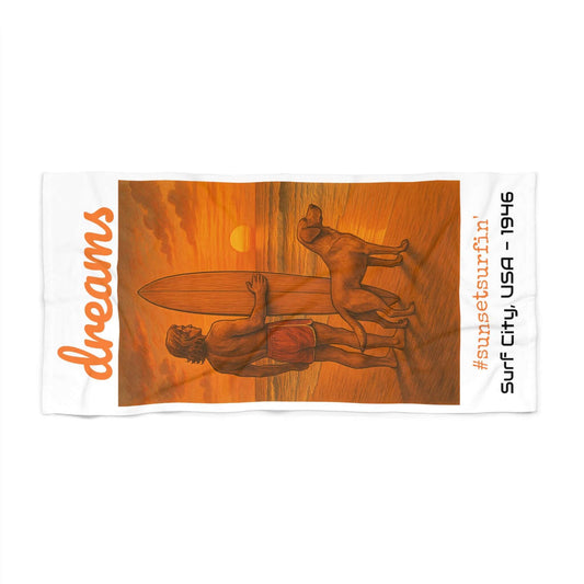 Personalized beach towel featuring sunset and surf art, perfect for beach lovers and summer escapes.