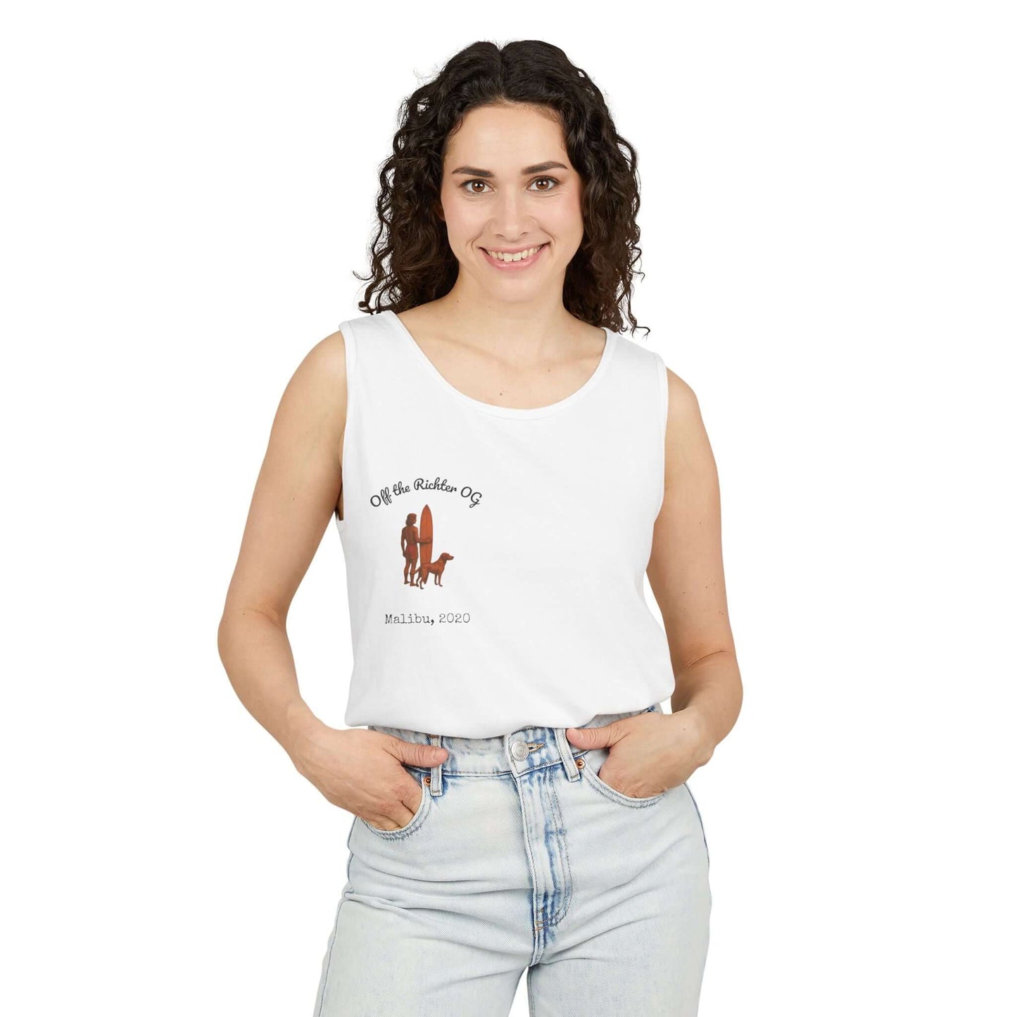 Woman wearing a white personalized surfing tank top with a dog design for beach lovers.