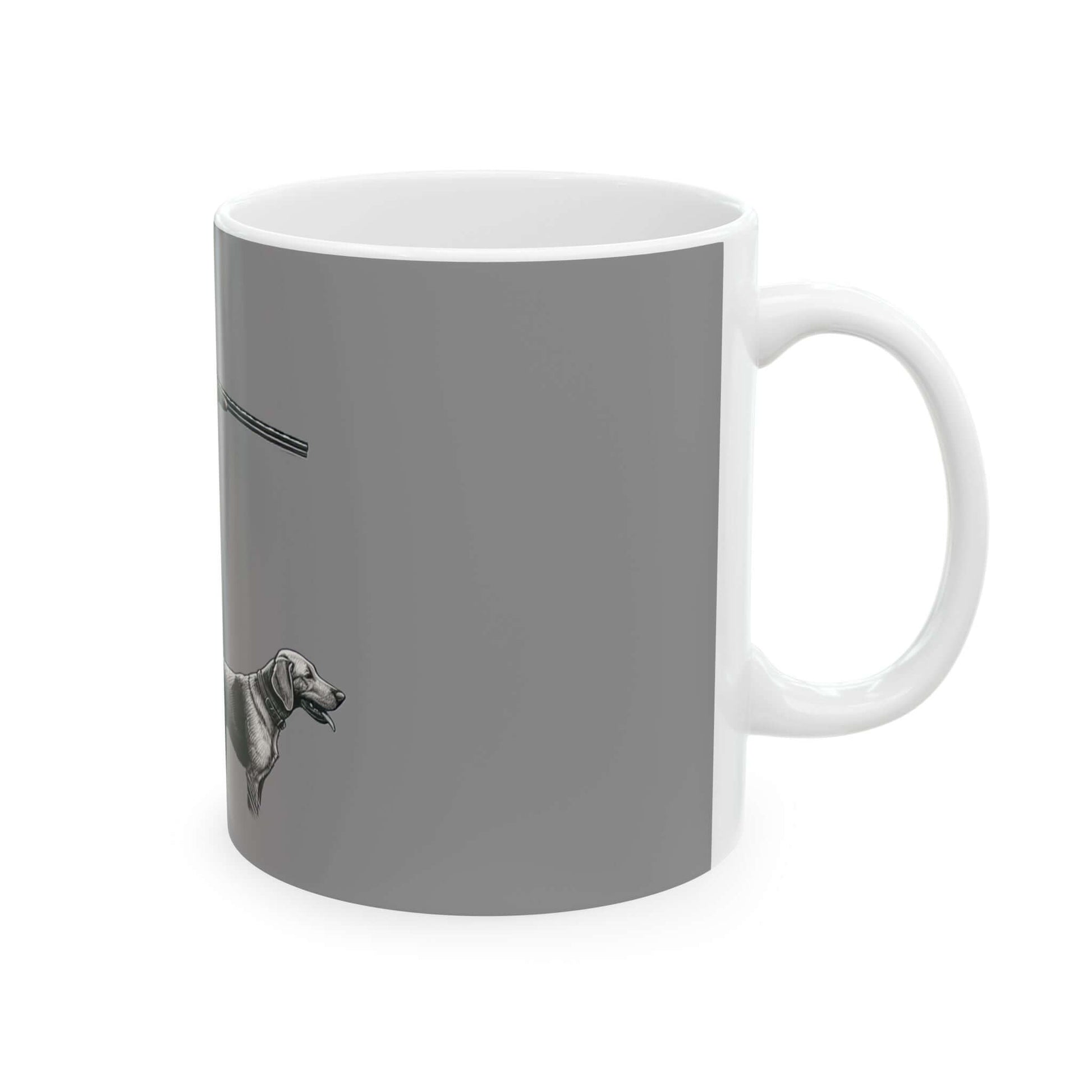 Gray personalized hunting mug featuring a stylish dog design, perfect for coffee lovers and outdoor enthusiasts.