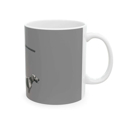 Gray personalized hunting mug featuring a stylish dog design, perfect for coffee lovers and outdoor enthusiasts.