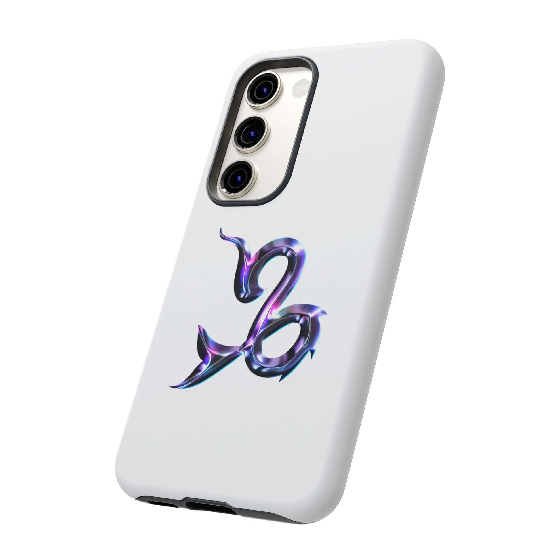 Personalized zodiac phone case featuring colorful Capricorn design on a sleek white background.