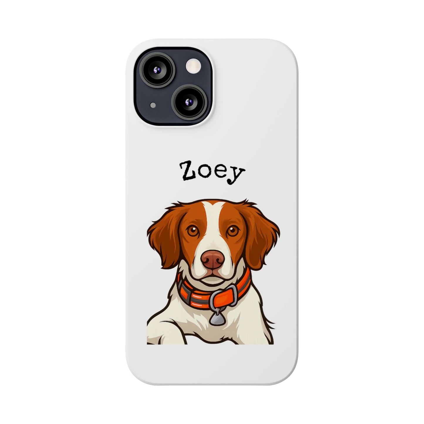 Custom cartoon phone case featuring a dog named Zoey, with a glossy finish and playful design.
