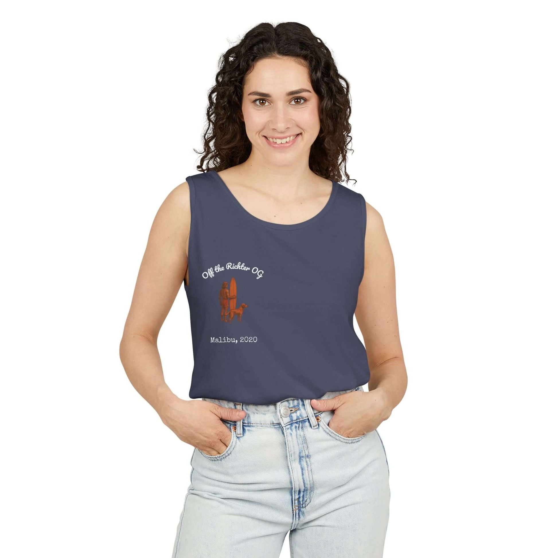 Model wearing a personalized navy tank top with a fun graphic and text, perfect for beach lovers and outdoor enthusiasts.