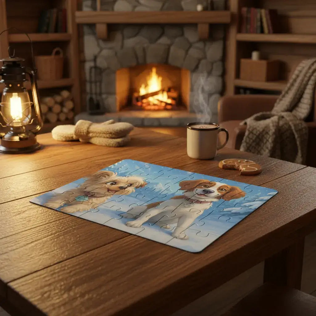 Winter Cartoon Puzzle – Personalized Keepsake for Kids & Families (4 Sizes) featuring adorable puppies by a cozy fireplace.