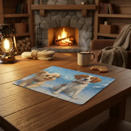 Winter Cartoon Puzzle – Personalized Keepsake for Kids & Families (4 Sizes) featuring adorable puppies by a cozy fireplace.