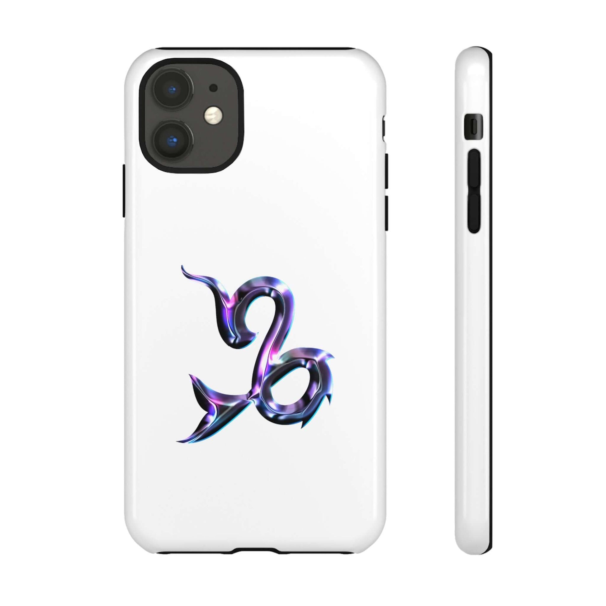 Personalized Zodiac phone case featuring a vibrant Capricorn symbol design on a sleek white background.