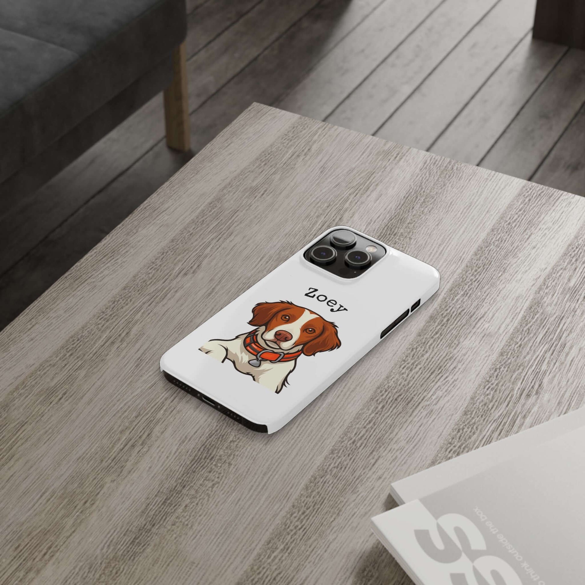 Custom dog cartoon phone case featuring a playful dog illustration on a stylish white background.