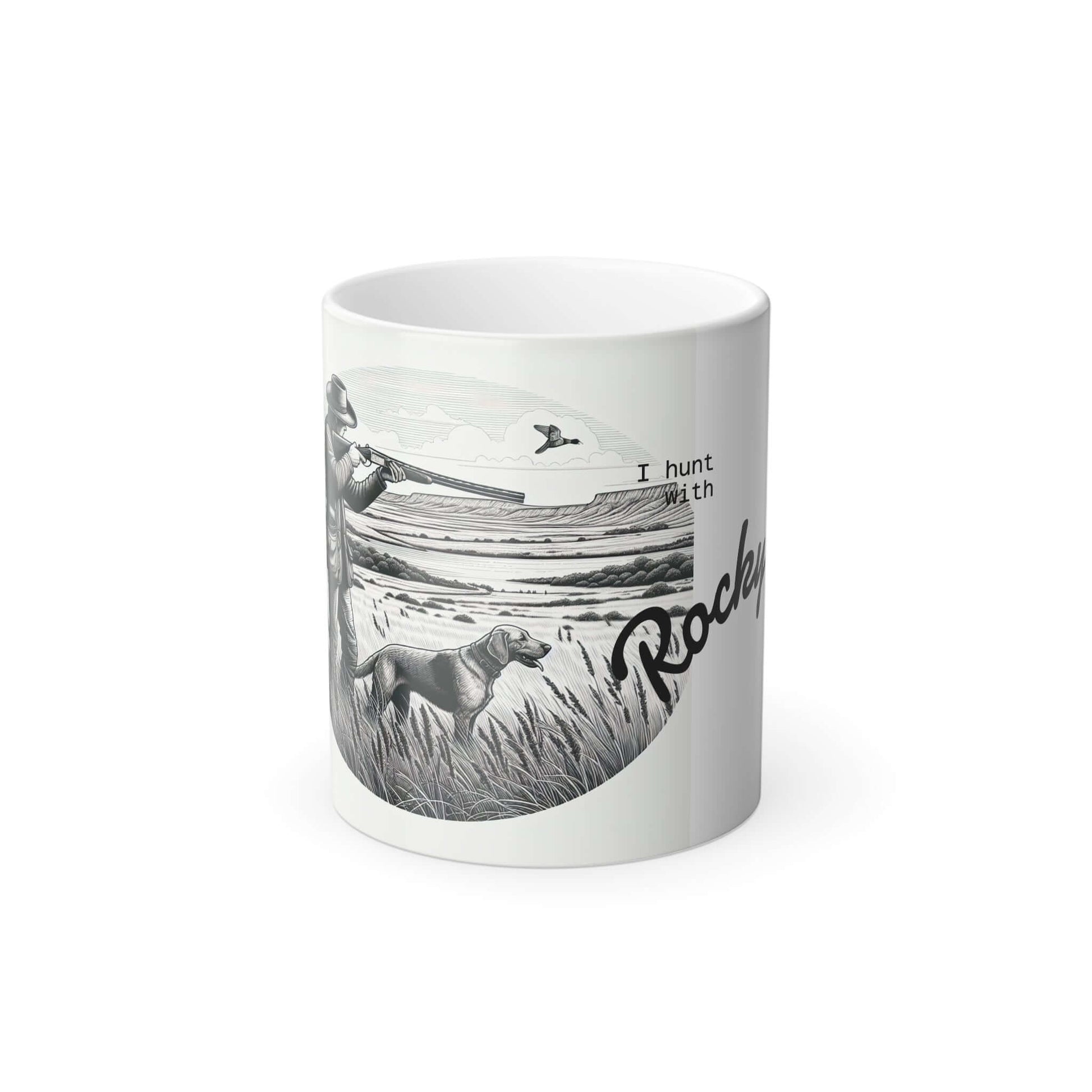 Personalized hunting coffee mug featuring a dog and a hunter in a scenic outdoor setting.