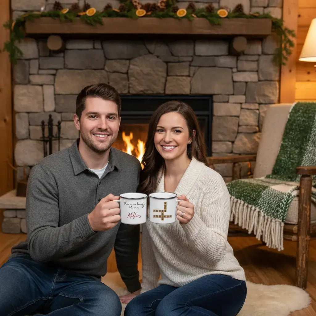 Custom Family Mug – Personalized Crossword Enamel Cup for Gifting held by a couple by the fireplace.