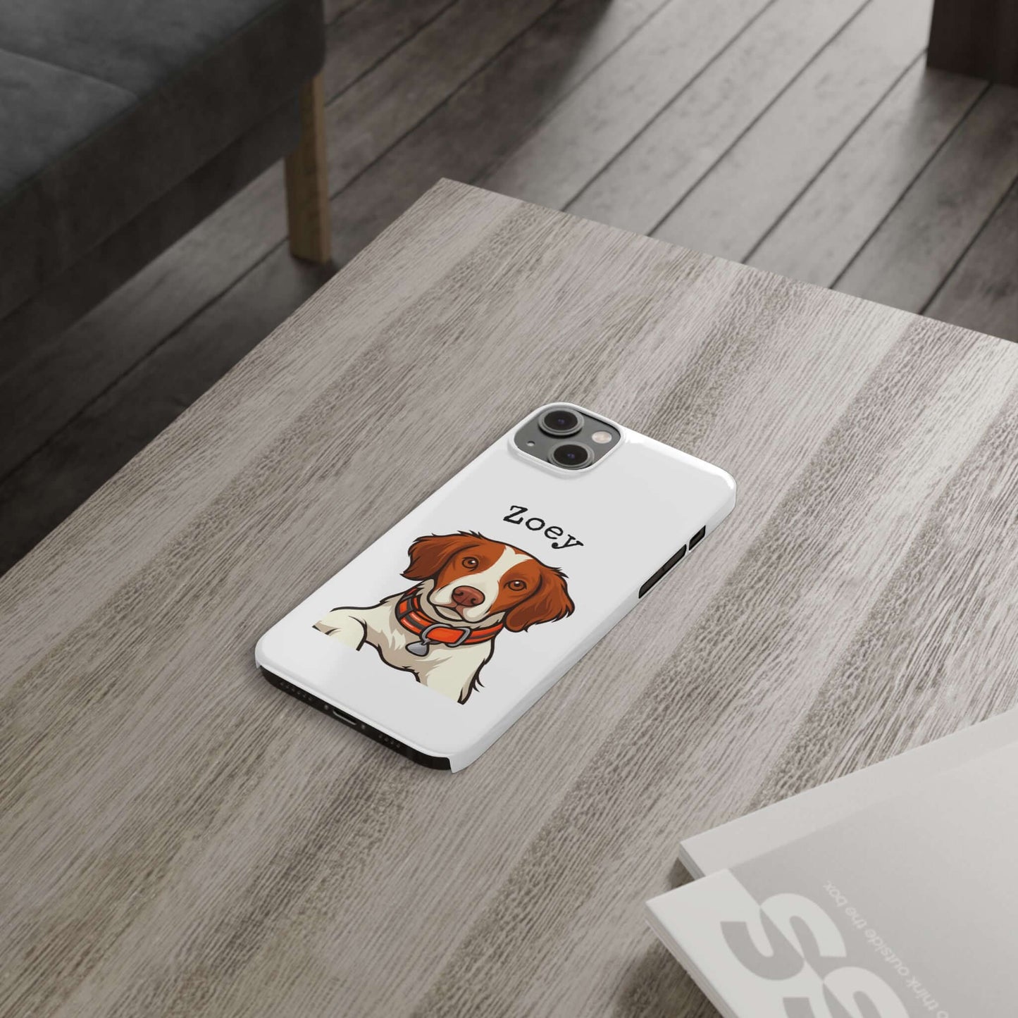 Custom cartoon dog phone case featuring a pet portrait on a stylish white background.