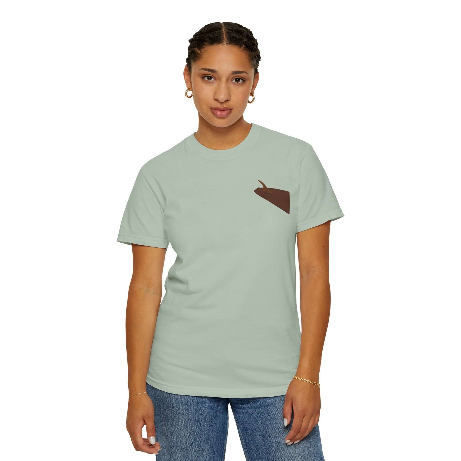 Personalized surf-inspired t-shirt in light green with brown pocket accent, perfect for summer vibes.