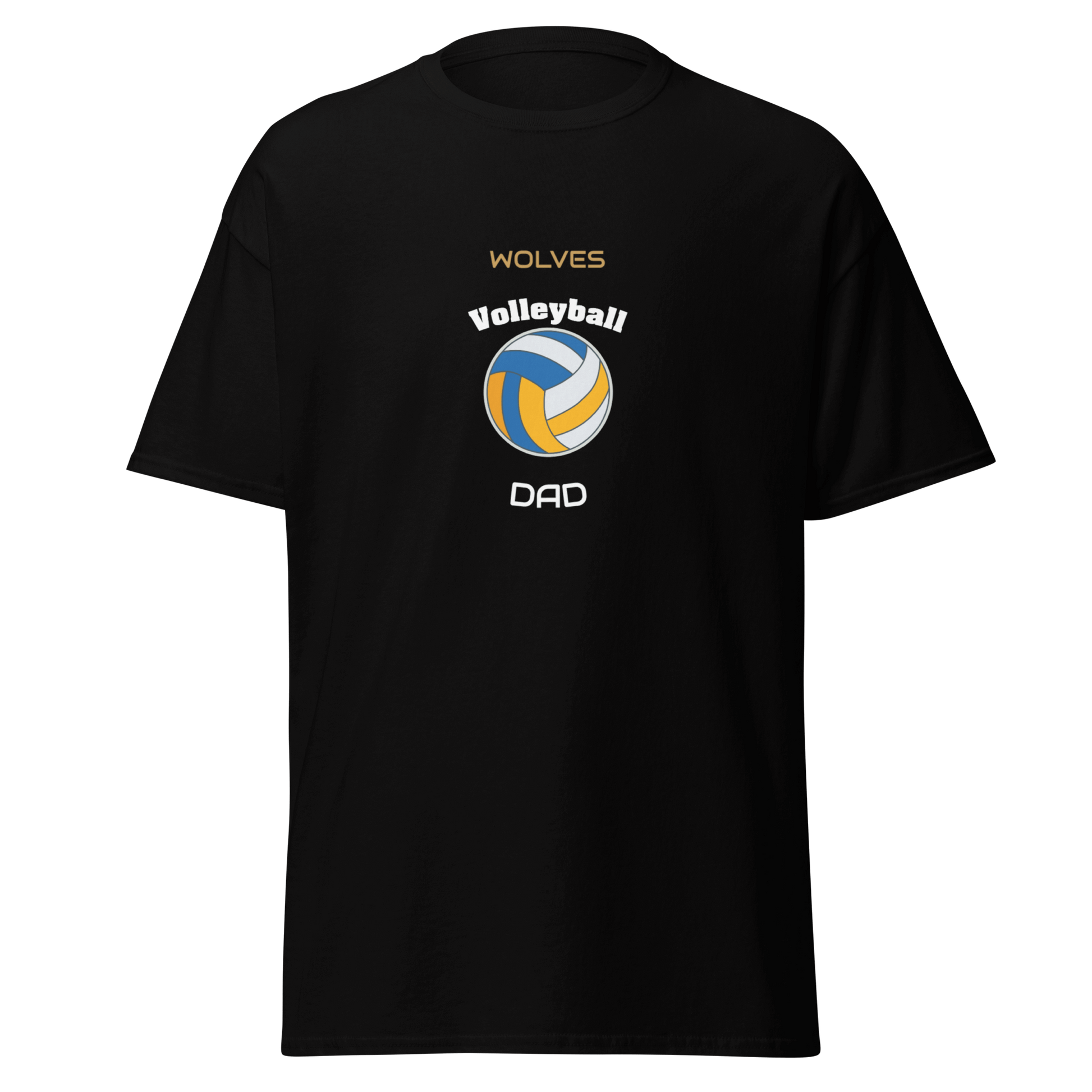 Custom black volleyball dad tee featuring Wolves logo and colorful ball design, perfect for game day support.