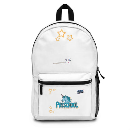 Personalized unicorn backpack with stars and 'Preschool' text, perfect for young children heading to school.