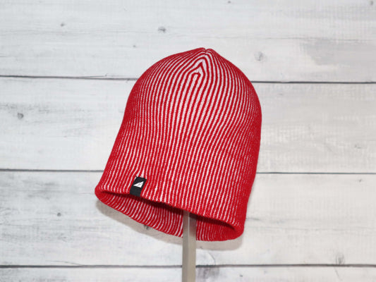 Adult Acrylic Beanie – Soft, Stretchy & Purposeful in red and white striped design.