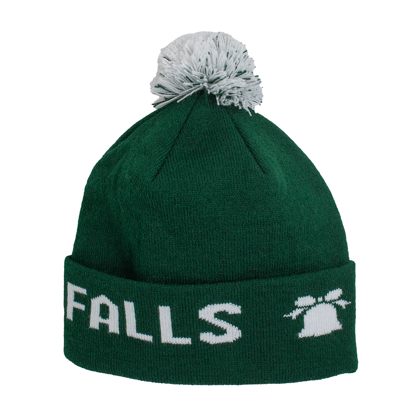 Adult Limited Edition Hat – Bedford Falls Beanie, green with pom-pom, features Bedford Falls design.