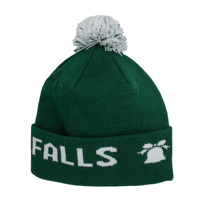 Adult Limited Edition Hat – Bedford Falls Beanie, green with pom-pom, features Bedford Falls design.