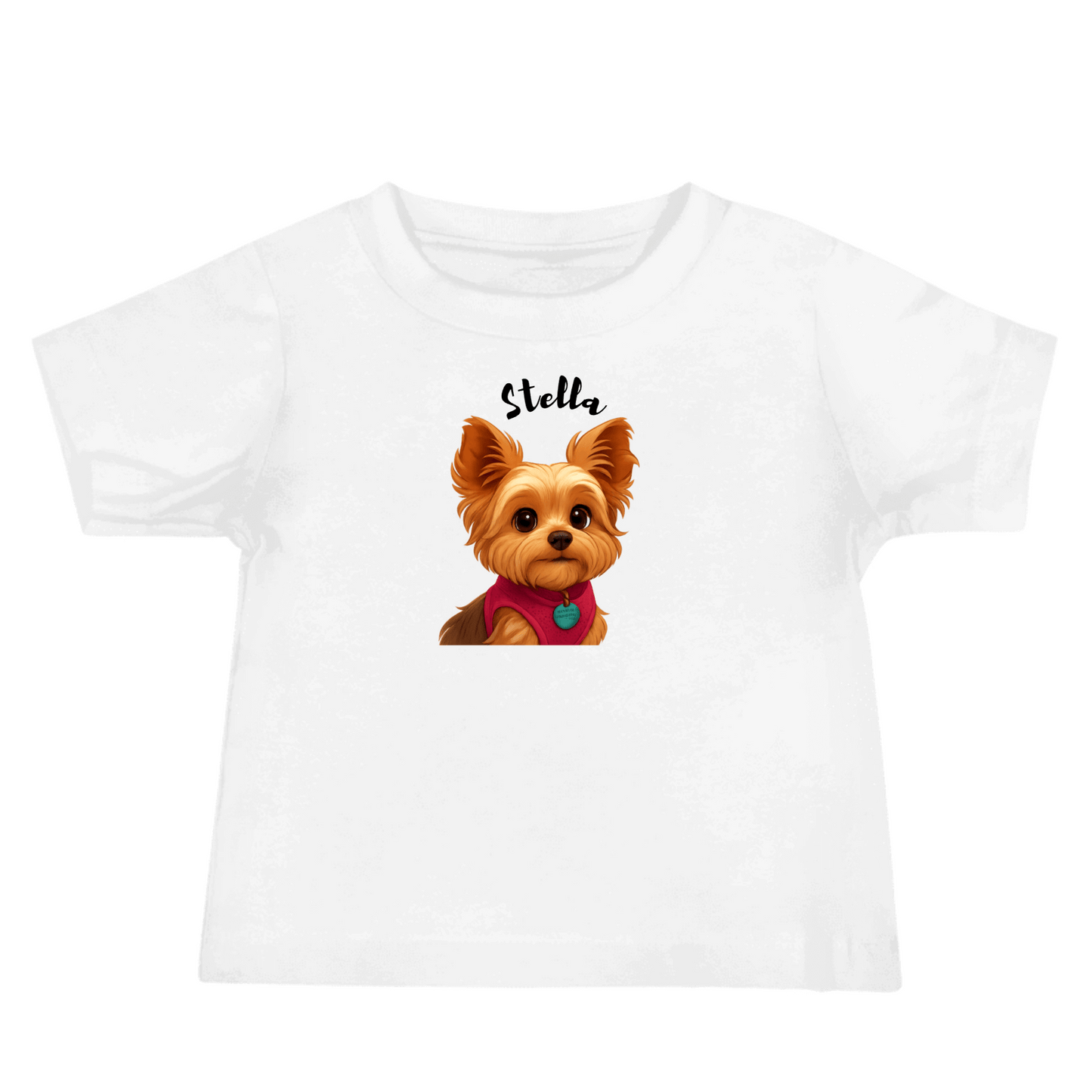 Custom cartoon baby tee with a portrait of a dog named Stella, featuring a soft cotton design for infants.